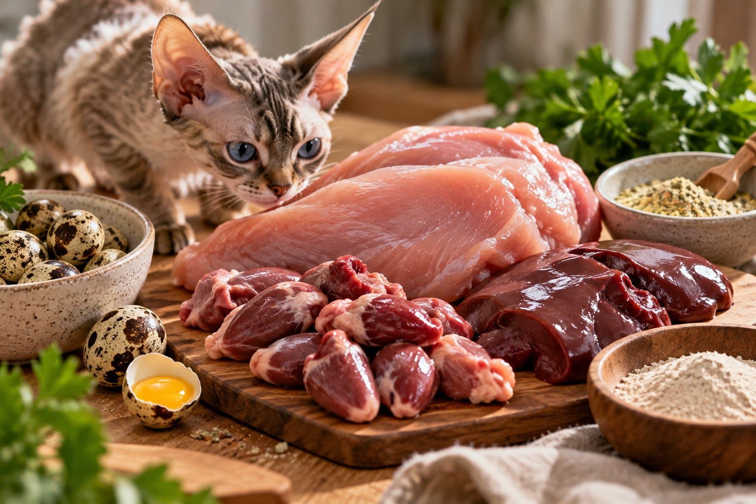 Тематическая ИИ-иллюстрация натурального мясного рациона для кошек