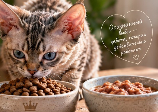 Тематическая иллюстрация Каллиопы: кошка у мисок с сухим и влажным кормом